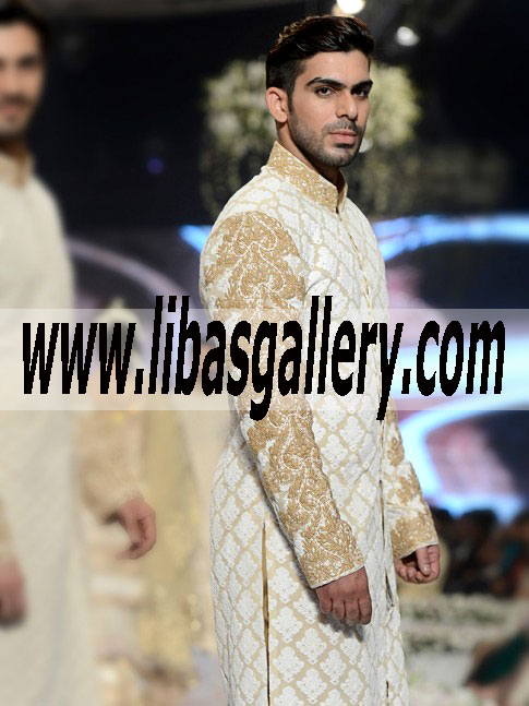 hsy brand gold and antique work stylish pakistani sherwani design for groom barat and nikah time order online uk usa canada